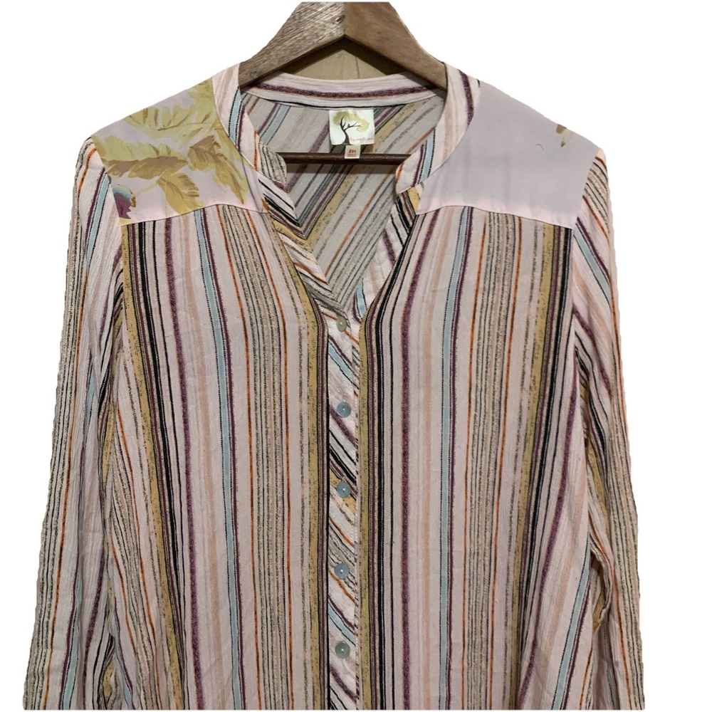 Fig‎ & Flower Women's Top Contrast Stripes Pink Green Floral Sheer M Cottagecore